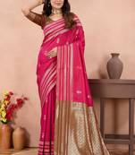 rani pink golden zari work banarasi traditional saree with contrast blouse