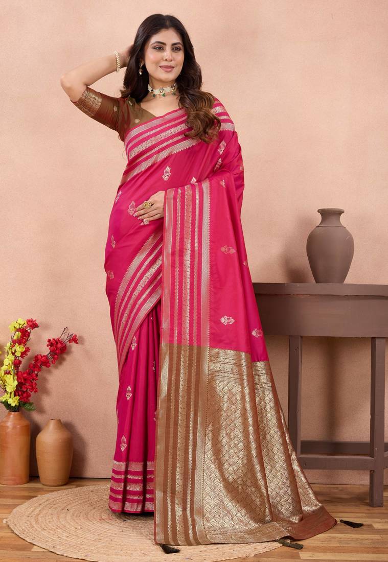 rani pink golden zari work banarasi traditional saree with contrast blouse