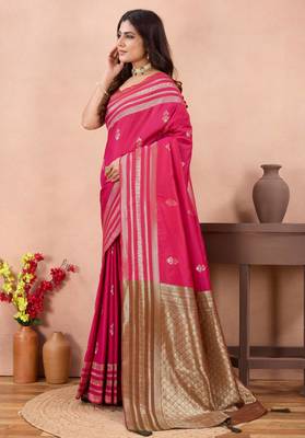 rani pink golden zari work banarasi traditional saree with contrast blouse 2