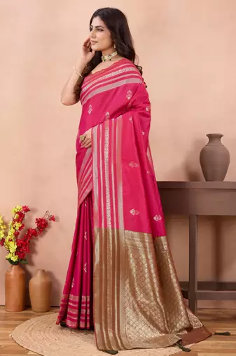 rani pink golden zari work banarasi traditional saree with contrast blouse