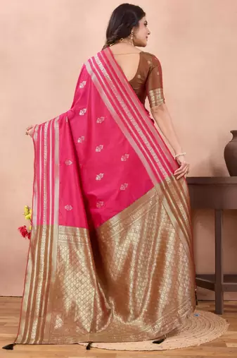 rani pink golden zari work banarasi traditional saree with contrast blouse