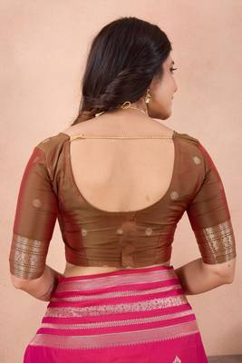 rani pink golden zari work banarasi traditional saree with contrast blouse 5