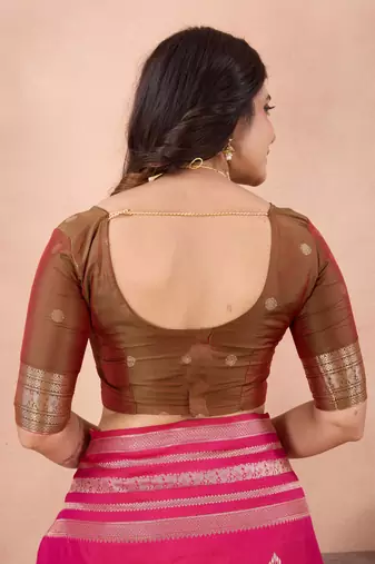 rani pink golden zari work banarasi traditional saree with contrast blouse