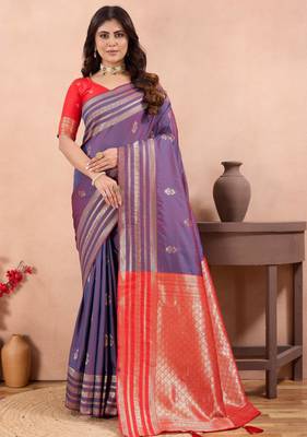 violet golden zari work banarasi traditional saree with contrast blouse 1