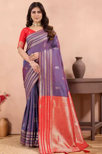 violet golden zari work banarasi traditional saree with contrast blouse