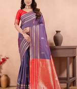 violet golden zari work banarasi traditional saree with contrast blouse