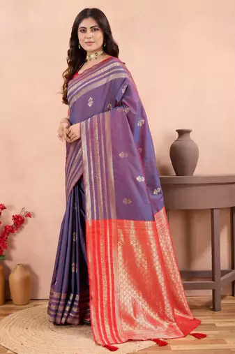 violet golden zari work banarasi traditional saree with contrast blouse