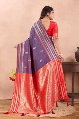 violet golden zari work banarasi traditional saree with contrast blouse 3