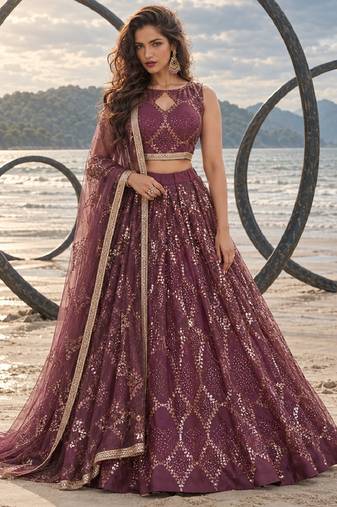 WINE NET THREAD WITH ZARI AND SEQUIN WORK FESTIVE LEHENGA CHOLI