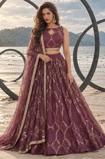 WINE NET THREAD WITH ZARI AND SEQUIN WORK FESTIVE LEHENGA CHOLI