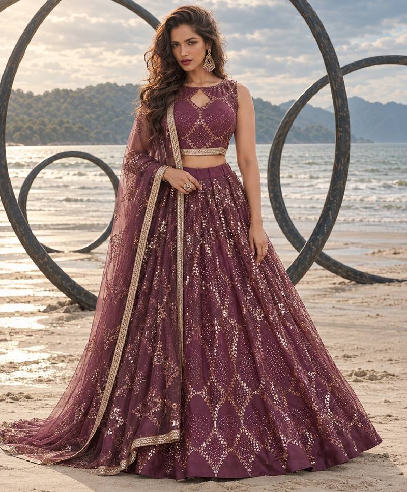WINE NET THREAD WITH ZARI AND SEQUIN WORK FESTIVE LEHENGA CHOLI