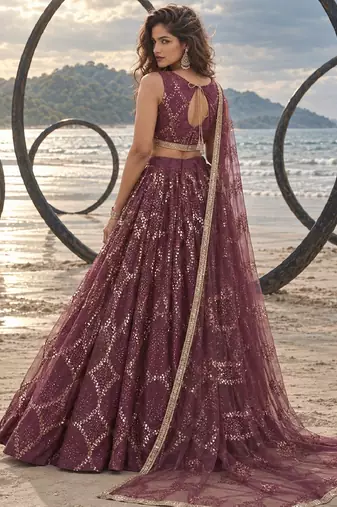 WINE NET THREAD WITH ZARI AND SEQUIN WORK FESTIVE LEHENGA CHOLI