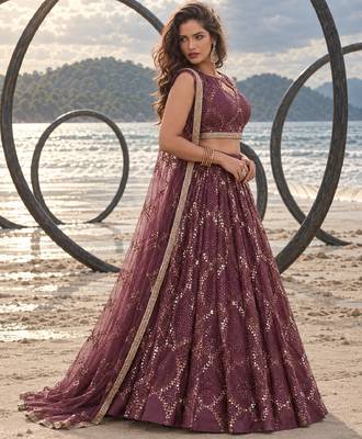 WINE NET THREAD WITH ZARI AND SEQUIN WORK FESTIVE LEHENGA CHOLI 3