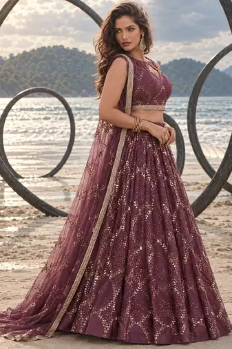 WINE NET THREAD WITH ZARI AND SEQUIN WORK FESTIVE LEHENGA CHOLI