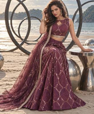 WINE NET THREAD WITH ZARI AND SEQUIN WORK FESTIVE LEHENGA CHOLI 4