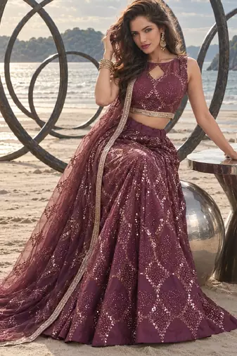 WINE NET THREAD WITH ZARI AND SEQUIN WORK FESTIVE LEHENGA CHOLI