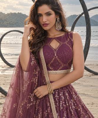 WINE NET THREAD WITH ZARI AND SEQUIN WORK FESTIVE LEHENGA CHOLI 5