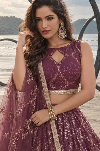 WINE NET THREAD WITH ZARI AND SEQUIN WORK FESTIVE LEHENGA CHOLI
