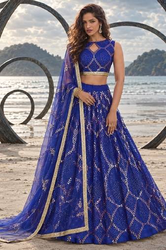 LAVENDER NET THREAD WITH ZARI AND SEQUIN WORK FESTIVE LEHENGA CHOLI