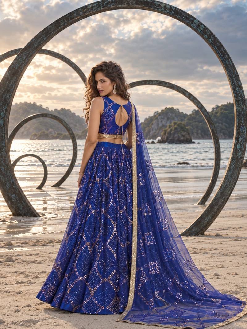 LAVENDER NET THREAD WITH ZARI AND SEQUIN WORK FESTIVE LEHENGA CHOLI