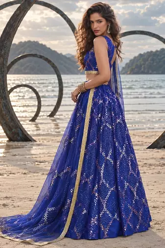 LAVENDER NET THREAD WITH ZARI AND SEQUIN WORK FESTIVE LEHENGA CHOLI