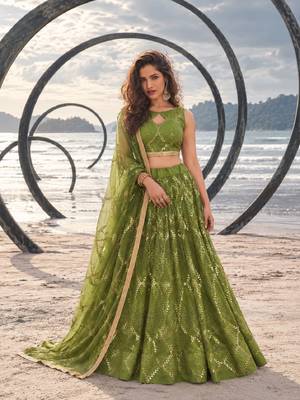 DARK LEAF GREEN NET THREAD WITH ZARI AND SEQUINCE WORK FESTIVE LEHENGA CHOLI SET FOR WOMEN'S 1