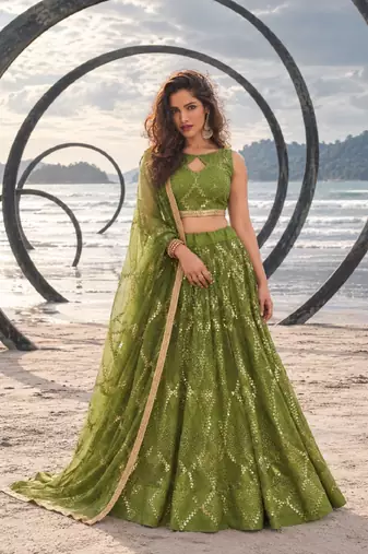 DARK LEAF GREEN NET THREAD WITH ZARI AND SEQUINCE WORK FESTIVE LEHENGA CHOLI SET FOR WOMEN'S