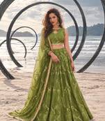 DARK LEAF GREEN NET THREAD WITH ZARI AND SEQUINCE WORK FESTIVE LEHENGA CHOLI SET FOR WOMEN'S