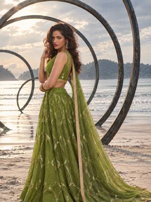 DARK LEAF GREEN NET THREAD WITH ZARI AND SEQUINCE WORK FESTIVE LEHENGA CHOLI SET FOR WOMEN'S 3