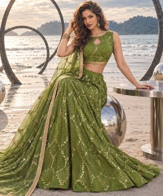 DARK LEAF GREEN NET THREAD WITH ZARI AND SEQUINCE WORK FESTIVE LEHENGA CHOLI SET FOR WOMEN'S 4