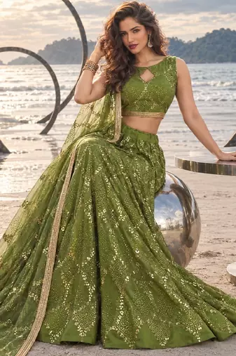 DARK LEAF GREEN NET THREAD WITH ZARI AND SEQUINCE WORK FESTIVE LEHENGA CHOLI SET FOR WOMEN'S