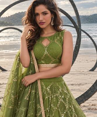 DARK LEAF GREEN NET THREAD WITH ZARI AND SEQUINCE WORK FESTIVE LEHENGA CHOLI SET FOR WOMEN'S 5