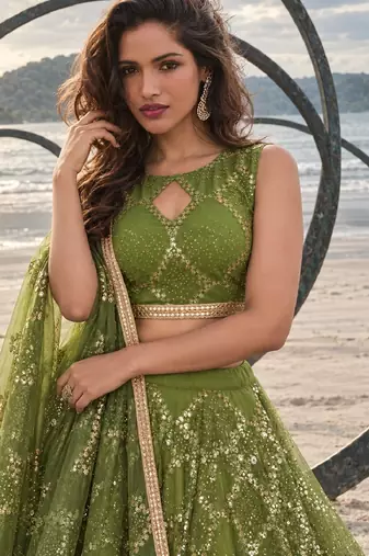 DARK LEAF GREEN NET THREAD WITH ZARI AND SEQUINCE WORK FESTIVE LEHENGA CHOLI SET FOR WOMEN'S