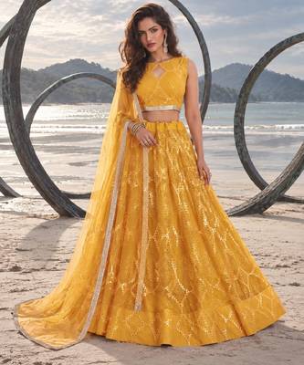 MUSTARD YELLOW NET THREAD WITH ZARI AND SEQUINCE WORK FESTIVE LEHENGA CHOLI SET FOR WOMEN'S 1