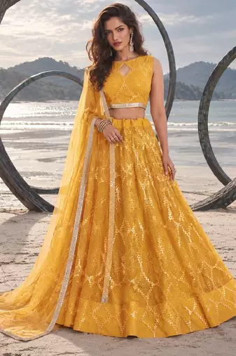 MUSTARD YELLOW NET THREAD WITH ZARI AND SEQUINCE WORK FESTIVE LEHENGA CHOLI SET FOR WOMEN'S