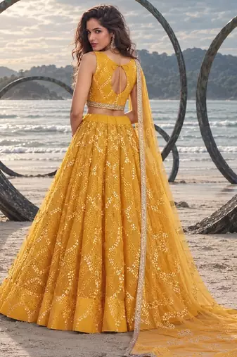 MUSTARD YELLOW NET THREAD WITH ZARI AND SEQUINCE WORK FESTIVE LEHENGA CHOLI SET FOR WOMEN'S
