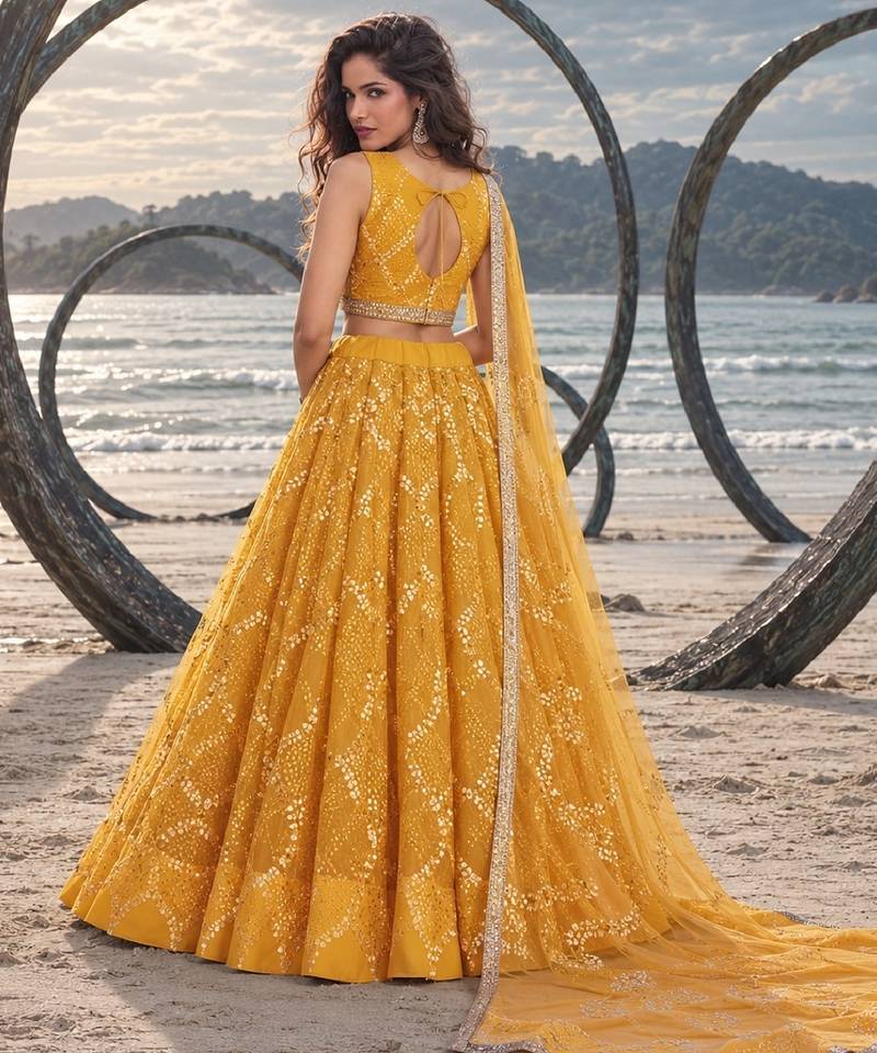 MUSTARD YELLOW NET THREAD WITH ZARI AND SEQUINCE WORK FESTIVE LEHENGA CHOLI SET FOR WOMEN'S