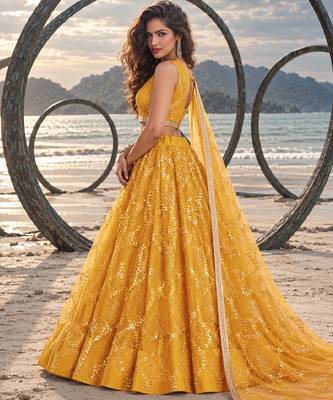 MUSTARD YELLOW NET THREAD WITH ZARI AND SEQUINCE WORK FESTIVE LEHENGA CHOLI SET FOR WOMEN'S 3