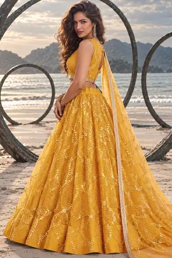 MUSTARD YELLOW NET THREAD WITH ZARI AND SEQUINCE WORK FESTIVE LEHENGA CHOLI SET FOR WOMEN'S