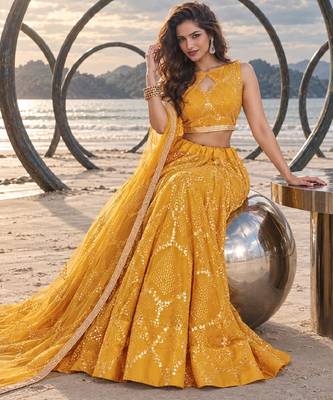 MUSTARD YELLOW NET THREAD WITH ZARI AND SEQUINCE WORK FESTIVE LEHENGA CHOLI SET FOR WOMEN'S 4