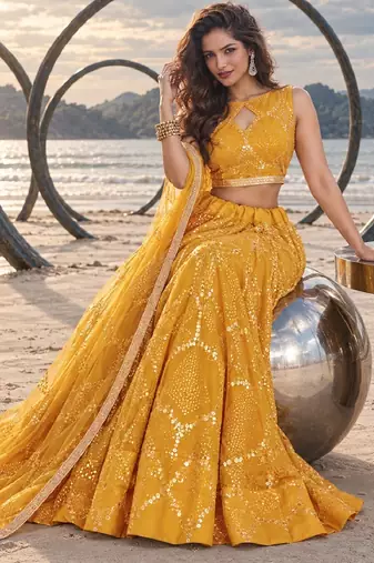 MUSTARD YELLOW NET THREAD WITH ZARI AND SEQUINCE WORK FESTIVE LEHENGA CHOLI SET FOR WOMEN'S