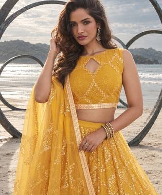 MUSTARD YELLOW NET THREAD WITH ZARI AND SEQUINCE WORK FESTIVE LEHENGA CHOLI SET FOR WOMEN'S 5