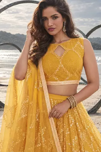 MUSTARD YELLOW NET THREAD WITH ZARI AND SEQUINCE WORK FESTIVE LEHENGA CHOLI SET FOR WOMEN'S