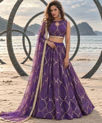 PURPLE NET THREAD WITH ZARI AND SEQUINCE WORK FESTIVE LEHENGA CHOLI SET FOR WOMEN'S 1