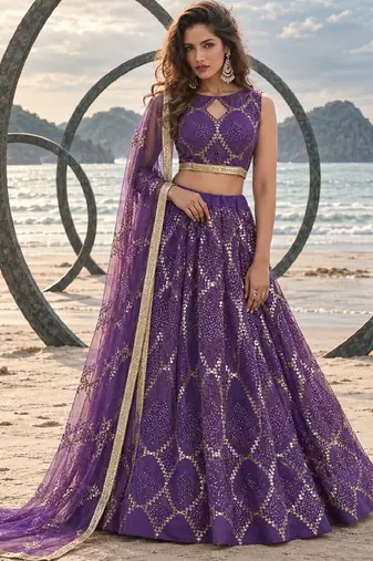 PURPLE NET THREAD WITH ZARI AND SEQUINCE WORK FESTIVE LEHENGA CHOLI SET FOR WOMEN'S