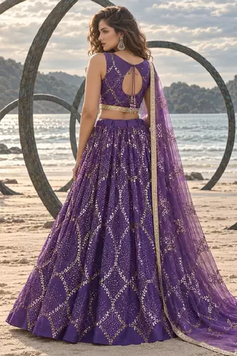 PURPLE NET THREAD WITH ZARI AND SEQUINCE WORK FESTIVE LEHENGA CHOLI SET FOR WOMEN'S