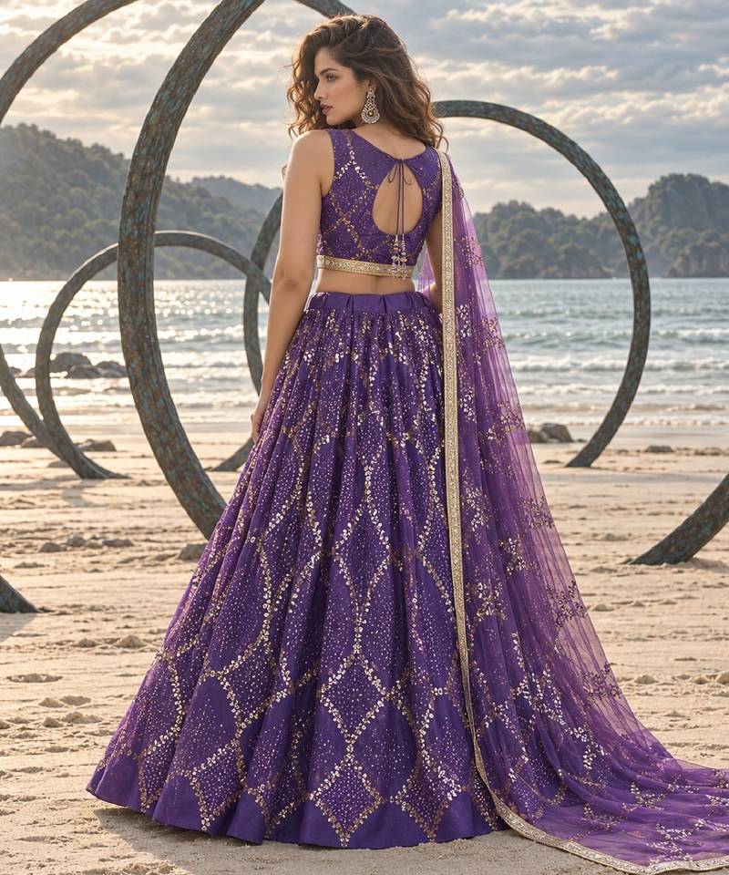 PURPLE NET THREAD WITH ZARI AND SEQUINCE WORK FESTIVE LEHENGA CHOLI SET FOR WOMEN'S