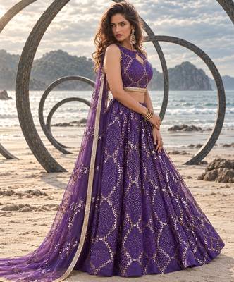 PURPLE NET THREAD WITH ZARI AND SEQUINCE WORK FESTIVE LEHENGA CHOLI SET FOR WOMEN'S 3