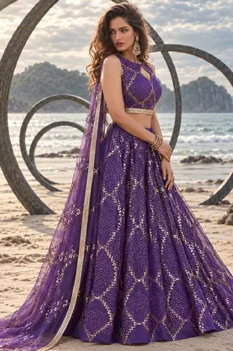 PURPLE NET THREAD WITH ZARI AND SEQUINCE WORK FESTIVE LEHENGA CHOLI SET FOR WOMEN'S
