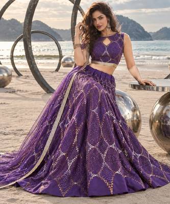 PURPLE NET THREAD WITH ZARI AND SEQUINCE WORK FESTIVE LEHENGA CHOLI SET FOR WOMEN'S 4